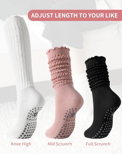 Image of Yawlsow Pilates Socks with Grips for Women Yoga Ruffle Grippy Non Slip Long Slouchy Scrunch Socks for Barre Workout Hospital
