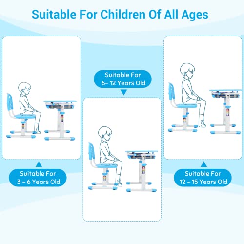 Clevich Kinderschreibtisch Höhenverstellbar, Kinder Schreibtisch und Stuhl Set mit Haken, Multifunktional Schülerschreibtisch Neigbare Tischplatte von 0-40°Schreibtisch Kinder für Zeichnen (Blau)