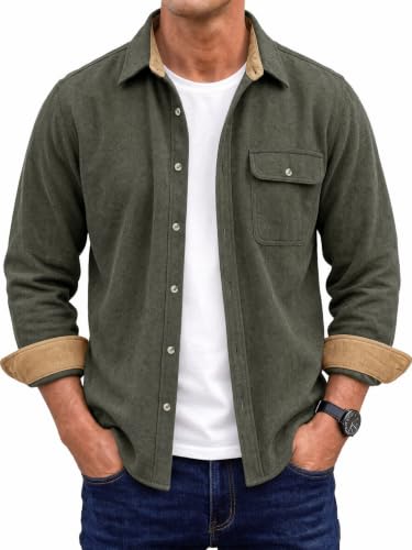 Runcati Sobrecamisa de Hombre de Franela de Manga Larga, Verde Militar, L