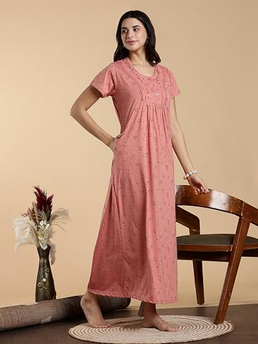 Image of 9shines Label Stylish Cotton Blend Embroidered Maxi Nightdress for Women with Pocket| Full Length Nightwear| Premium Nightdress| Comfortable Nightwear(5256)