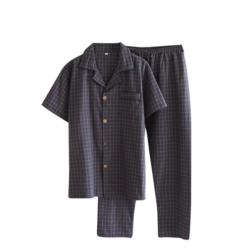 Cambkatl Men's Cotton Plaid Short Sleeve Pajamas Set Button Down Loose Sleepwear Comfy Pjs Bottom Summer 2 Piece Loungewear