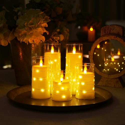 Image of Homemory 9 Pcs Flameless Candles with Embedded Star String Fairy Lights, Battery Operated Candles, LED Candle, Fake Candles with Remote Control and Timer (Ivory)