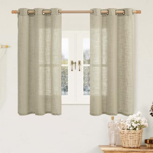 Image of LAMIT 48 Inch Length Short Linen Curtains for Kitchen, Semi Sheer Bronze Grommet Drapes Light Filtering Rustic Boho Panels for Bathroom /Small Windows, 2 Panels, Oatmeal, 34 x 48 Inch