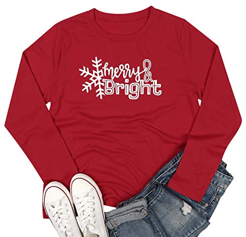 Merry and Bright Shirt Women Christmas Snowflake Graphic Tee Tops Long Sleeve Casual Holiday Shirt Blouse Red