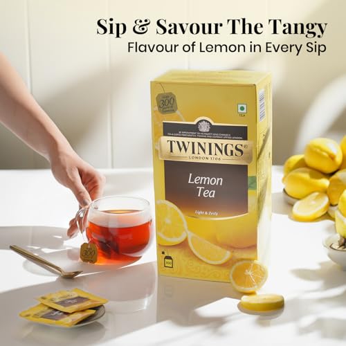 Image of Twinings Lemon Tea, 100 Tea Bags, Premium Black Tea With Lemon, Light Strength, Light & Zesty Flavour, Caffeine-Free, Made With Finest Ingredients, Enjoy a Hot Cup of Tea