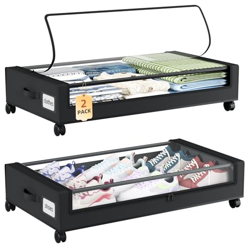 Somdot 2 Pièces Rangement sous Lit, 48L Boîte Rangement sous Lit avec Roues, Couvercle, Zip, Organisateur Pliable pour Vêtements, Linge de Lit, Chassures,...