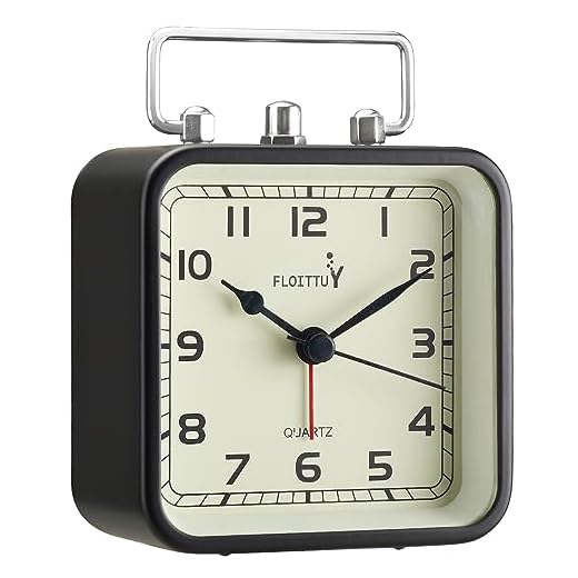 Square Metal Beep Alarm Clock Silent No Ticking, Snooze and Battery Operated, Night Light and Desk Clock for Bedroom/Travel/Kids, Easy Set(Black)