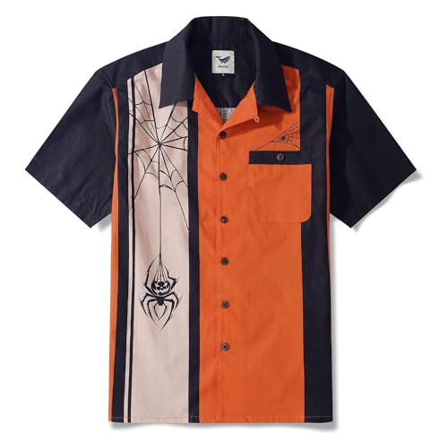 Men's Bowling Shirt Short Sleeve Halloween Hawaiian Shirt Camp Collar 100% Cotton Spider Pumpkin Lantern Shirt