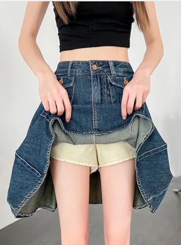 Women's Vintage Denim Pleated Skirt High Waist A-Line Skirt2