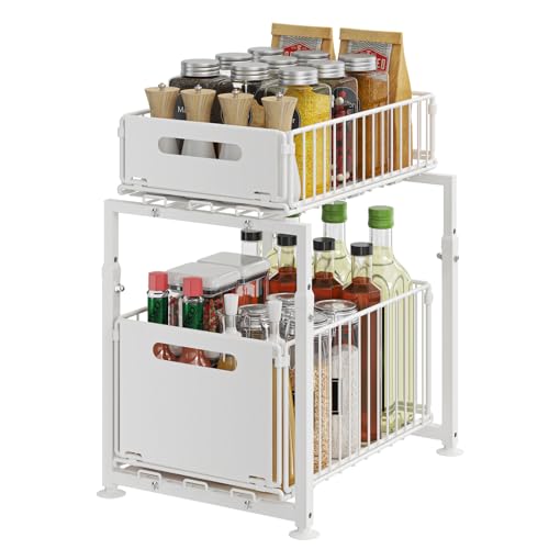 YunNasi Organizador de Cocina Almacenamiento bajo Fregadero de Metal Organizador 2 Niveles Extraíble Estante para Especias (Blanco, Modelo-A)