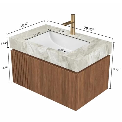 Image of 30 inch Bathroom Vanity with Sink, Wall-Mounted Plywood Bathroom Storage Cabinet with Ceramic Basin & Sintered Stone Countertop, Modern Pre-Assembled Floating Vanity with Drawer & Door, Brown Oak