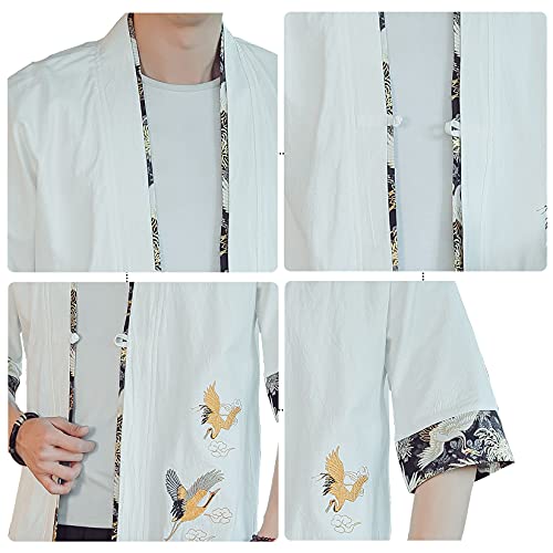 Image of PRIJOUHE Men's Kimono Jackets Cardigan Lightweight Casual Cotton Blends Linen Seven Sleeves Open Front Coat Outwear