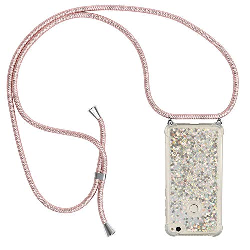 Ptny Case Funda Colgante movil con Cuerda para Colgar Huawei P9 Lite 2017 Carcasa Correa Transparente de TPU con Cordon para Llevar en el Cuello con Ajustable Collar Cadena Cordón en Oro Rosa