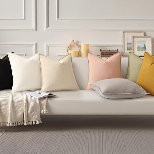 Image of decorUhome Decorative Linen Throw Pillow Covers 16x16 Inch Set of 2 Natural Beige Pillow Covers with Flange Edges Soft Farmhouse Boho Accent Pillow Cases for Couch Bed Living Room