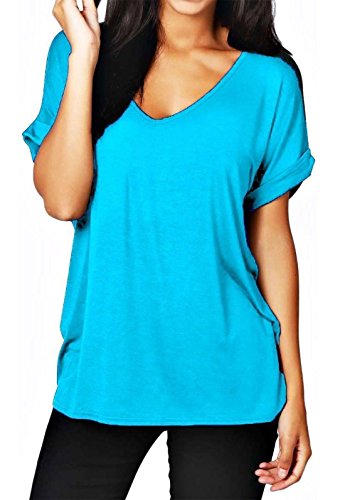 WearAll Women's New Plus Size Womens Short Turn Up Sleeve Baggy Plain Top Ladies V-Neck T-Shirt Turquoise 20-22