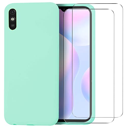 ISOI Funda para Xiaomi Redmi 9A / Xiaomi Redmi 9AT + [2 Pack] Protector Pantalla, Carcasa de Silicona Líquida Gel Ultra Suave Funda con tapete de Microfibra Anti-Rasguño - Menta Verde Cover