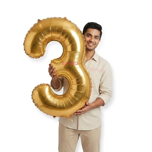 Image of Balloonistics Gold 40-Inch Foil Number 3 Balloon - Helium or Air Fill for 3rd Birthday, Anniversary, New Year Party Decoration, Photo Booth Backdrop, Cake Table Decor