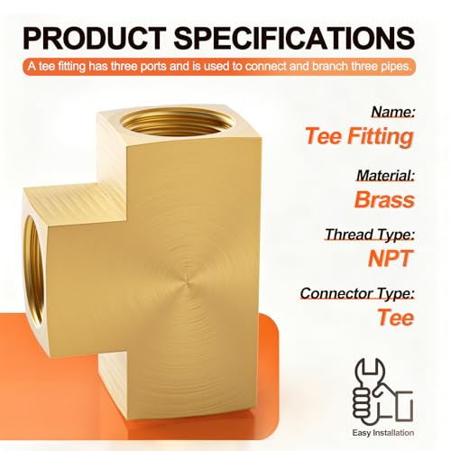 Image of GASHER 1 Pcs Brass Barstock Tee, 3 /8 inch x 3 /8 inch x 3 /8 inch NPT Female Pipe Fittings