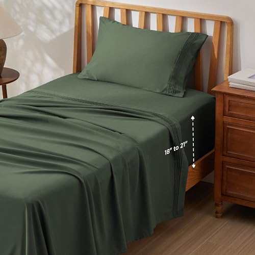 Image of Bedsure Twin XL Sheets Dorm Bedding, GentleSoft Breathable Extra Long Twin Sheets & Pillowcases, Moisture Wicking Cooling, Deep Pocket Fits Mattress Up to 21 Inches Thick, Olive Green