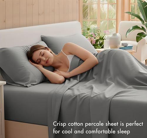 Image of RUVANTI 100% Cotton Percale Sheets Twin Size, Dark Gray | Crisp Cooling, Deep Pocket 16 inch, Soft Breathable & Durable, Hotel-Style, 3 Piece Set