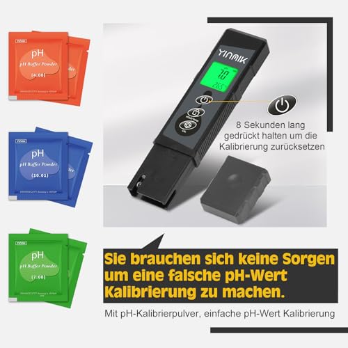 pH Messgerät Wasser, pH Wert Messer, YINMIK pH Tester, Digitaler pH Monitor mit Farbdisplay, Pool pH Lesegerät, pH Testkit für Aquarien, Test säuren und Basen für Trinkwasser Hydrokultur Grow pH Meter