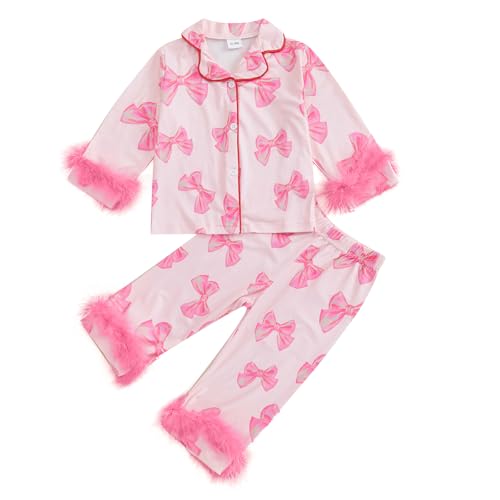 Toddler Girl Valentines Satin Pajamas Heart&Bow Print Button Down Shirt + Pants Little Kids Baby Girls Silk Pajama