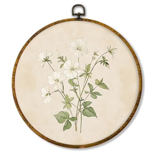 shiviody Vintage Floral Canvas Wall Art Decor, Neutral Botanical White Flower Decor, Retro French Country Round Hanging Frame Prints Decorations for Bedroom Dining Room Home 10