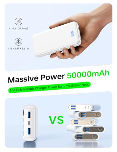 Image of Portable Charger,50000mAh Power Bank Built-in Cable, 22.5W PD USB C in & Out Fast Charging, External Battery Pack with 6 Output & 2 Input, Travel Essential for iPhone 17 /16 /15 /14 /13 /12(Creamy White)