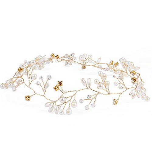 Jaciya Crystals Wedding Headband Bridal Headpieces for Bridesmaid and Flowergirls, 19.7 inches Hair Vine and Headpiece Pearls Silver Hair Accessories for Women (Gold)