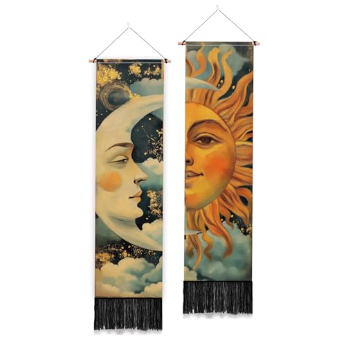 PLIGREAT 2 paquetes de Tapiz Largo Sol Luna Místico Celestial Colgante de Pared con Borlas Tapiz Vertical Estrecho para Sala de Estar Dormitorio Baño Estudio Hogar Decoración de Arte