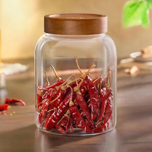 Image of Borosil Glass Jar with Acacia Wood Lid | Borosilicate Glass Storage Jar for Dry Fruits, Spices & Snacks | Airtight Glass Container for Kitchen & Pantry (Roundwood, 1700 ml)