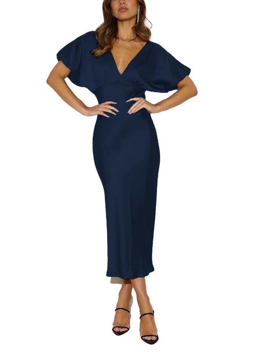 Summer Satin V Neck Puffy Sleeves Midi Dresses for Women Wedding Guest