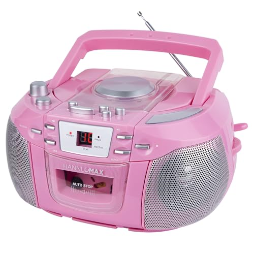 HANNLOMAX HX-338CD CD Boombox, AM/FM Radio, Cassette Recorder, Records from CD or Radio, Headphone Jack, LED Display, AC/DC Dual Power Source. (Pink)