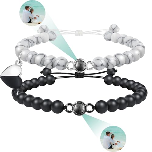 SUPHELPU Personalized Couples Gifts, Matching Couples Link Charm Bracelet with Picture Inside, Customized Anniversary Birthday Relationship Christmas Memorial Gifts for Women/Men/Her/Him