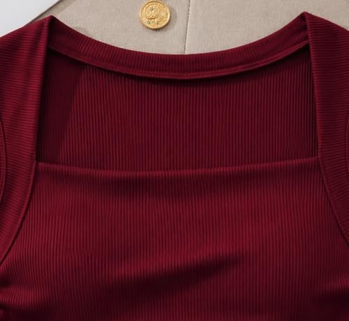 Image of ADBUCKS Women's Ribbed Square Neck Tank Top - Double Layered Ruched Vest, Slim Fit Stretch Fabric Sleeveless Top Without Chest Pad