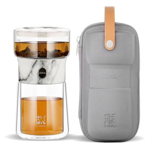 Image of ZENS Modern Small Glass Infuser Teapot, Magic One Touch Drip Tea Pot Infusers for Loose Tea Diffuser, Cool Herbal Teapot with 200ml insulated Cup and Portable Gray Tea Kits for Tea Lovers Gifts
