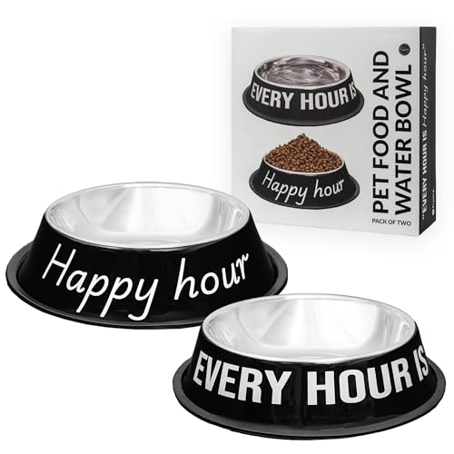 Fisura – Set 2 ciotole per cani in acciaio inox “Happy Hour”. Ciotola antiscivolo nero e bianco per cibo 500 ml e acqua 1000 ml. Accessorio per animali domestici resistente e facile da pulire