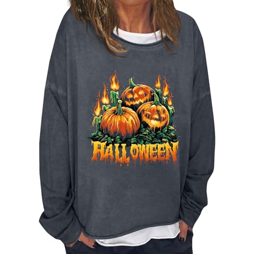 Womens Halloween Costumes Pumpkin Ghost Print Pullover Tops Crew Neck Long Sleeve Funny Shirts Fall Fashion Clothes 2024 Casual Loose Women's Halloween Sweatshirt dark gray Large