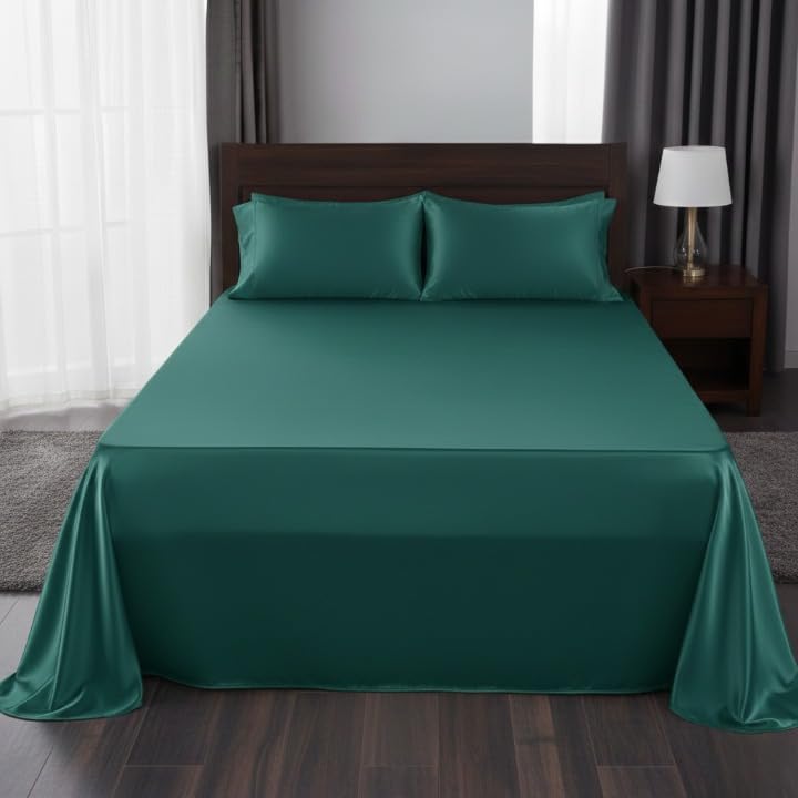 TIB® Glace Cotton Bedsheet for Double Bed King Size, Satin Bedsheet King Size with 2 Pillow Covers, 90×100 (Green, King)