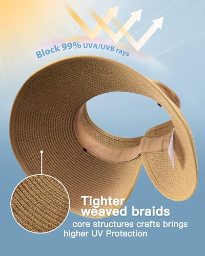 FURTALK Sun Visor Hat for Women Wide Brim Straw Roll-Up Ponytail Summer Beach UV UPF80+ Packable Foldable Travel - Image 3