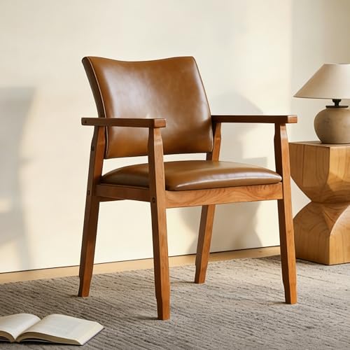 NOBPEINT Mid-Century Modern Dining Chairs with Armrest Set of 1 PU Leather Upholstered Dining Room Chairs with Solid Wood Frame Walnut Kitchen Armchairs for Kitchen Living Room Restaurant Brown
