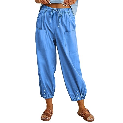 Women's Cropped Drawstring Waist Wide Leg Loose Cotton Linen Capri Pants for Women