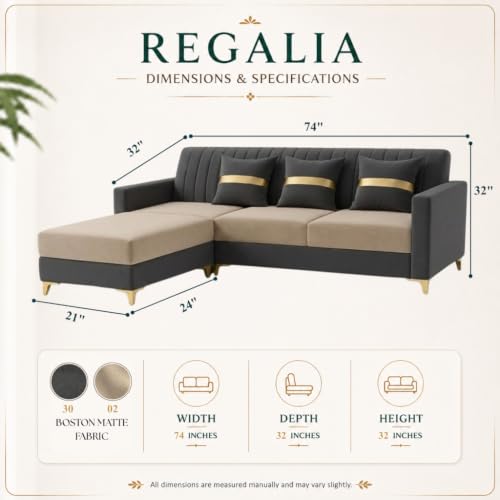 Image of CASASTYLE Signature Groovy 4-Seater L-Shape Sofa Set with Movable Ottoman | Flexible LHS /RHS Layout | Boston Fabric & Plush Cushions | 40D Foam + Zigzag Spring | 3-Yr Warranty (Dark Grey -Beige)