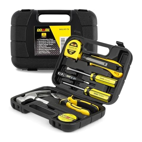 DOWELL Small Homeowner Tool Set 9 Pieces General Household Small Hand Tool Kit with Plastic Tool Box Storage Case Cover
