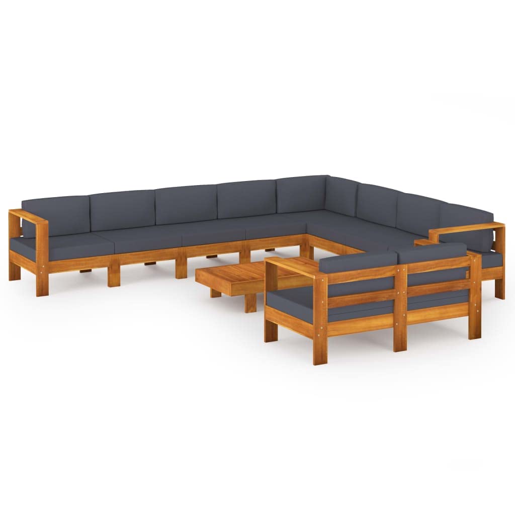 Juego de sofás de jardín, juego para exteriores, decoración de jardín, 10 plazas, cojines grises oscuros macizos de acacia