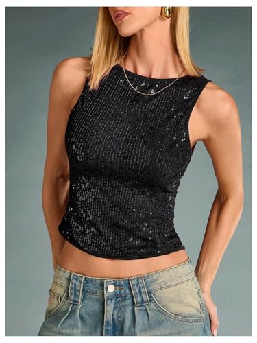 WDIRARA Women's Sequin Sparkly Tank Top Sleeveless Fitted Going Out Crop Tops2