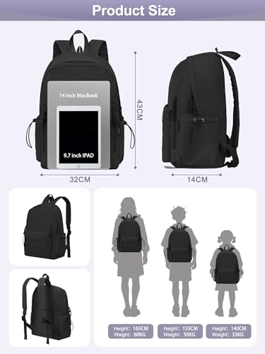 FIORETTO Backpack Womens School Bag Girls Boys, Lightweight Water-Resistant Fits 15.6” Laptop Large Capacity Rucksack with Rain Cover, Ideal for School College Commuting Travel Black - Image 4