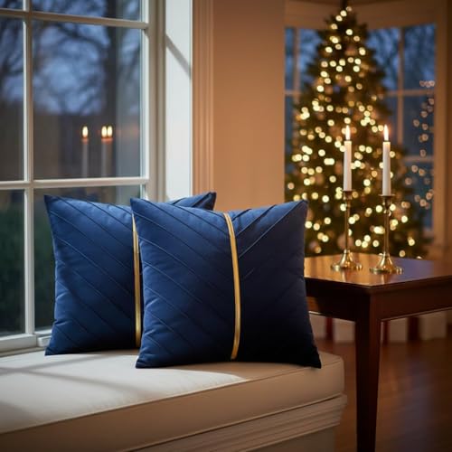 Image of Velvet Throw Pillow Covers 16x16 Pack of 2 Gold Decor Navy Blue