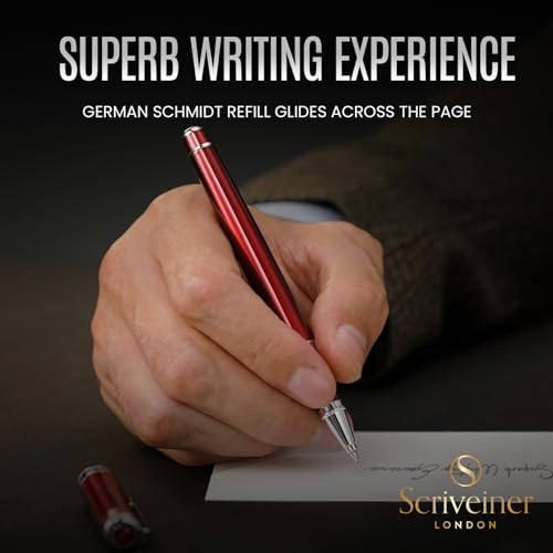 Image of Scriveiner Deep Crimson Red Rollerball - Stunning Red Lacquer Luxury Pen with Chrome Finish, Schmidt Ink Refills, Roller Ball Pen Gift Set for Men & Women, Professional, Executive, Office, Nice Pens