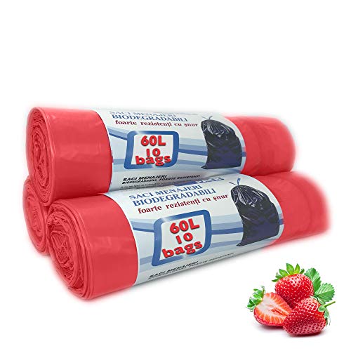 60 litre Strawberry Scented Bin Bags Very Strong Set 3 Rolls Counts Counts 30 Bags, Bin Liners with Drawstring 100% Recycled Trash Bags for Kitchen, Office